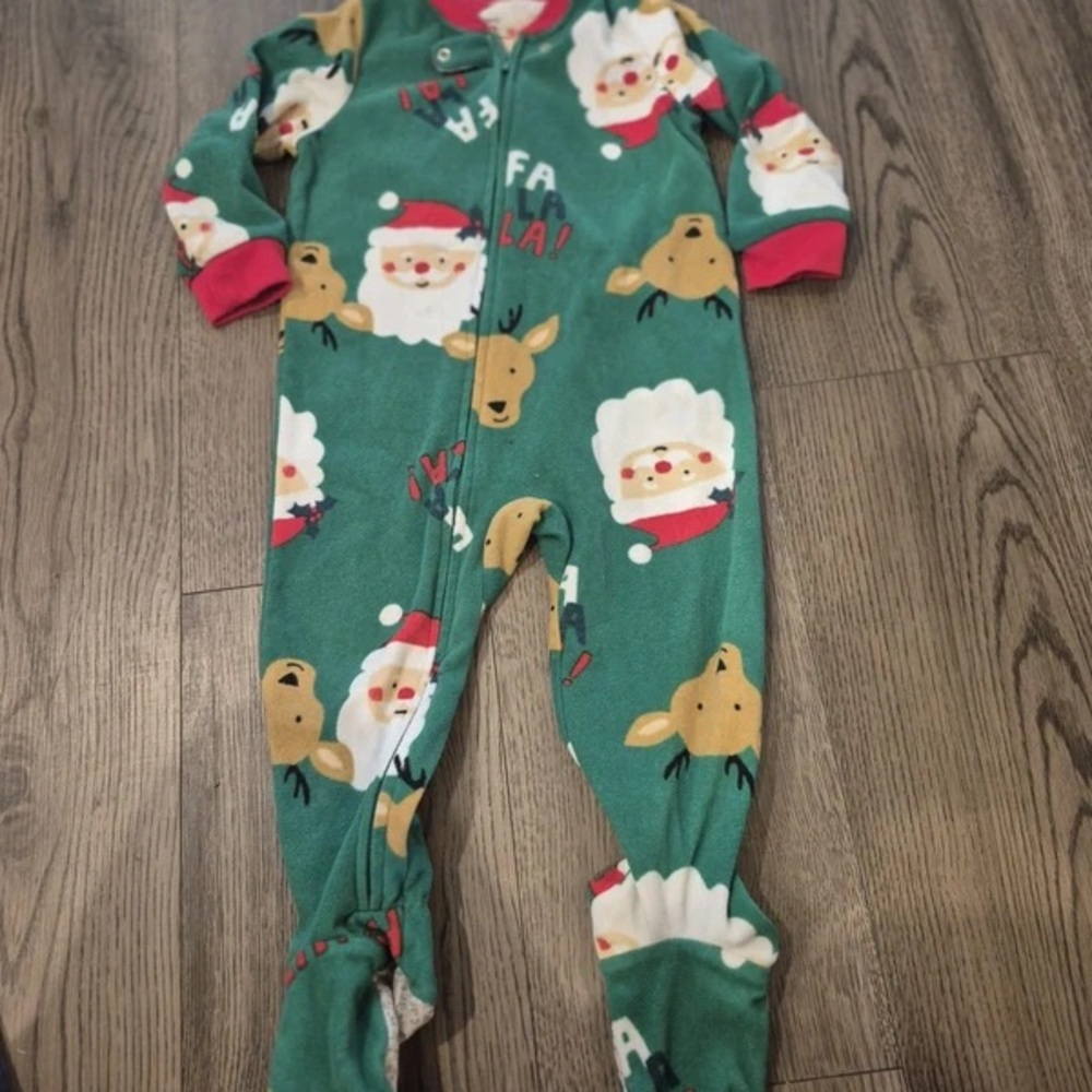Carter's Green Holiday Santa & Reindeer Fleece Footed One-Piece